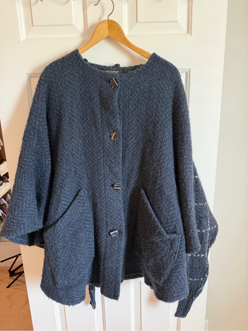 John Branigan Weavers Tina Hooded Swing Cape Coat Navy Wool Made In Ireland